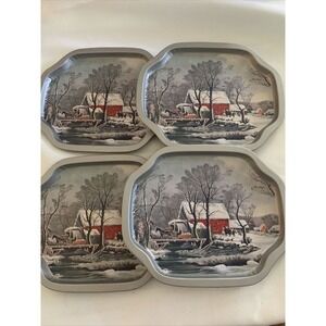 Vintage Currier and Ives Snack‎ Tray Metal Tins - Set of 4 Winter Barn Trays